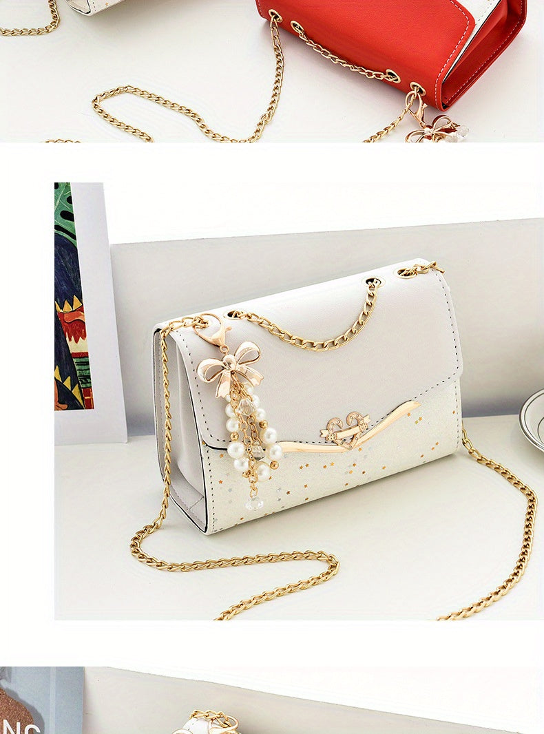 Elegant Korean Style Messenger Bag for Women, Casual Solid Color with Sequin Embellishment, Adjustable Strap, Magnetic Closure, Polyester Lined, Lightweight Shoulder Bag for Mobile Phone and Coin Purse