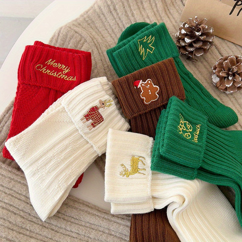 3pcs Festive Christmas Socks Gift Set - Cozy & Cute Embroidered Mid-Calf Socks in Red, Perfect for Holiday Gifting