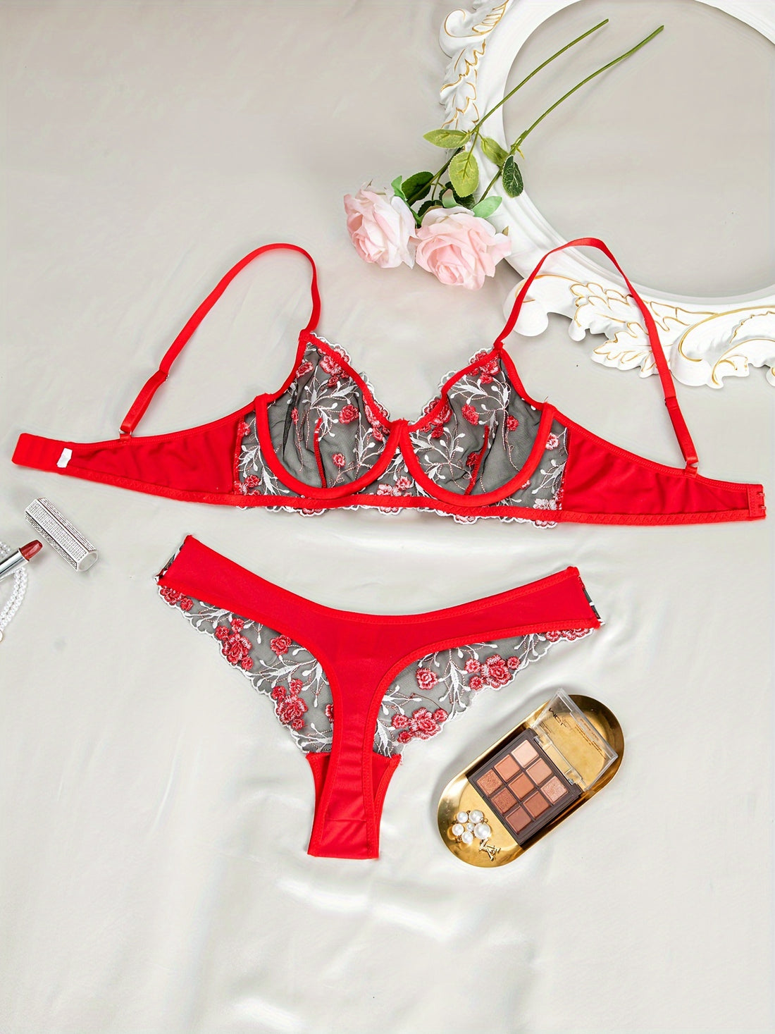 Red Floral Embroidered Lace Lingerie Set, Sexy Semi-Sheer Underwire Bra '/MH