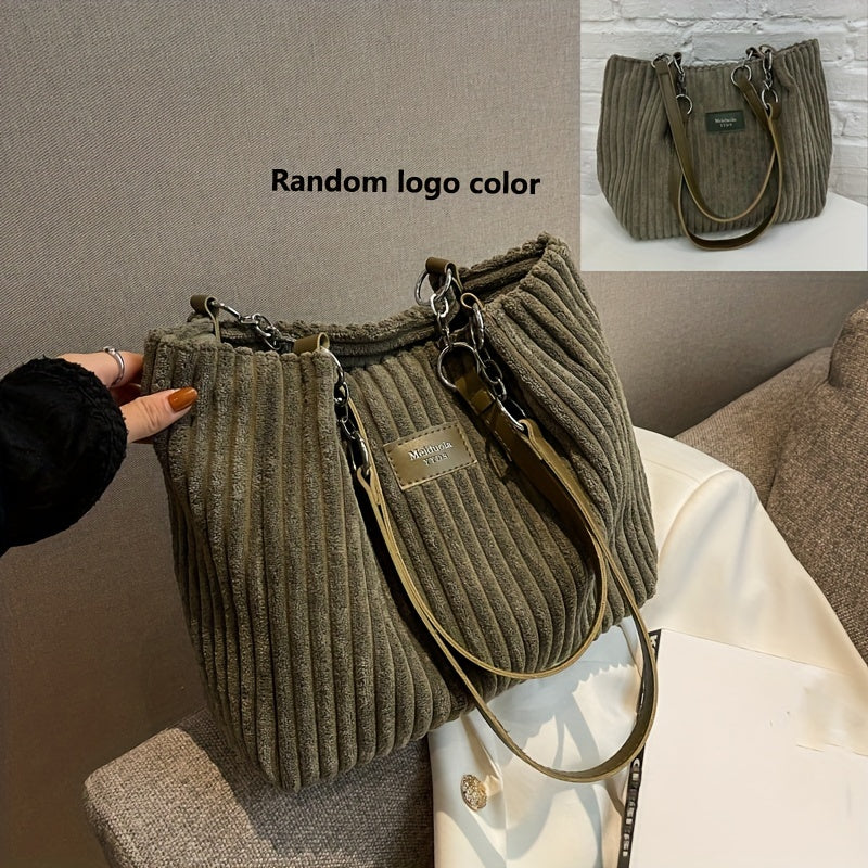 Corduroy Tote Bag For Women, Fashion Chain Shoulder Bag, Large Capacity Plush Handbag