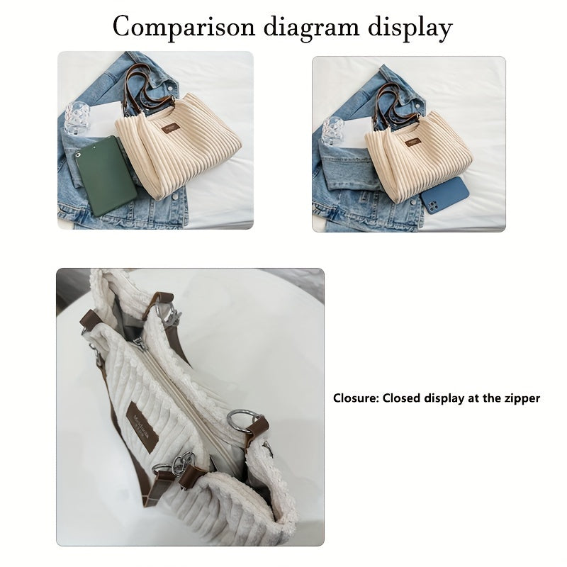 Corduroy Tote Bag For Women, Fashion Chain Shoulder Bag, Large Capacity Plush Handbag
