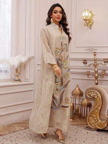 Elegant Women'S Sequin Mesh Kaftan Dress - Long Sleeve,/MH
