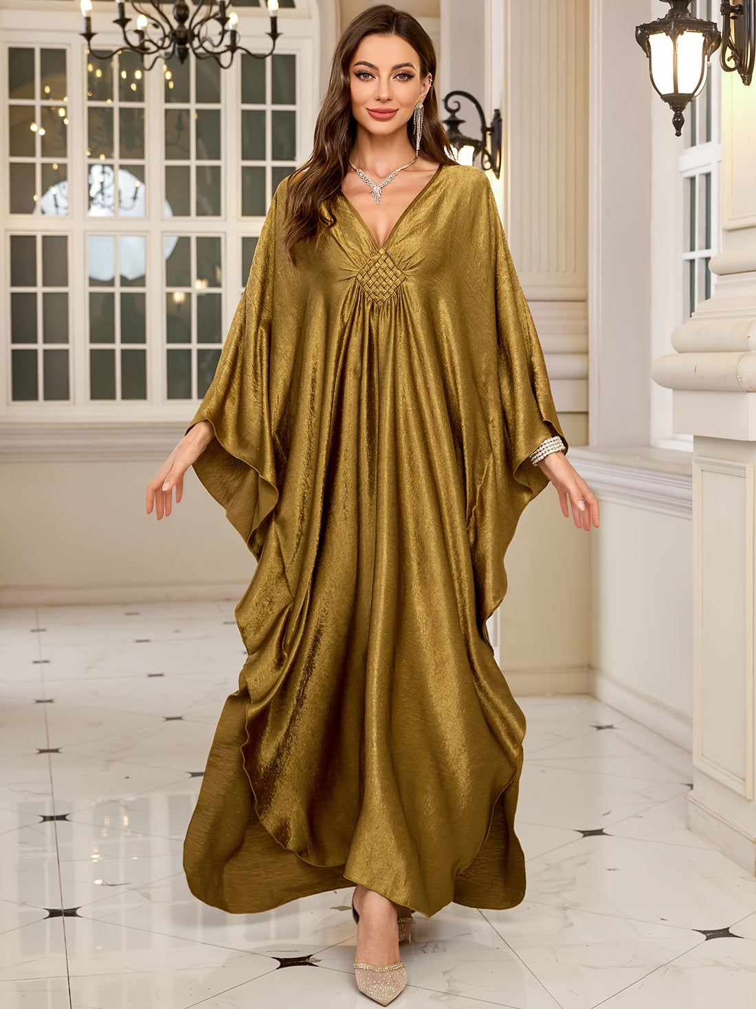 EDOLYNSA Women's Olive Green V-Neck Batwing Sleeve Kaftan Dress - Long Split Hem Loose Fit Turkish Beach Cover-Up, Lightweight Casual Outwear for Spring Summer Fall Q1799, Beach Dress, Modest Beachwear, Flowy Fabric