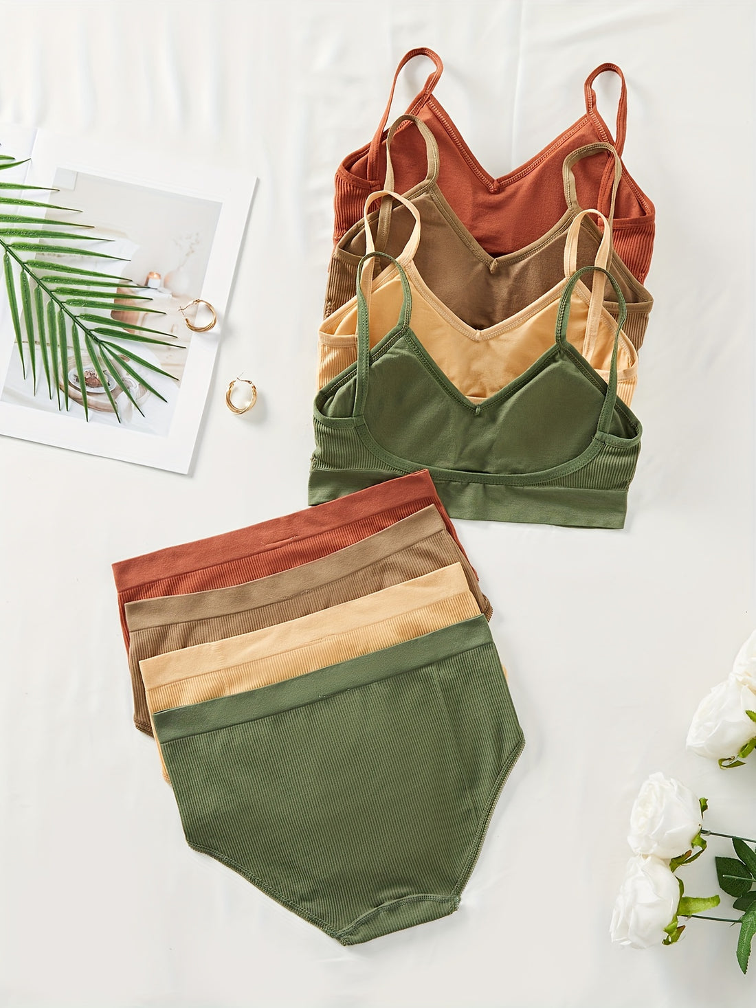 4 Sets Sexy Ribbed Bralette And High Waisted Panty Set, Assorted Colors, Comfortable Lingerie For Women, Stretchy Breathable Underwear Set