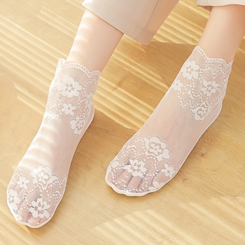 [Breathable Lace Socks] 5 Pairs Ultra-Thin Women’s Summer Lace Ankle Socks | Breathable Floral Pattern Boat Socks with Sheer & Opaque Styles, Soft Pastel Colors, Machine Washable for Casual & Formal Wear, Novelty Socks, Com