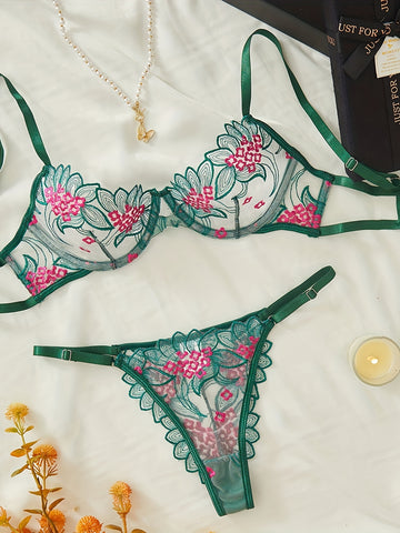 Elegant Lingerie Set, Floral Embroidery Mesh Cami Bra & Panties, /MH