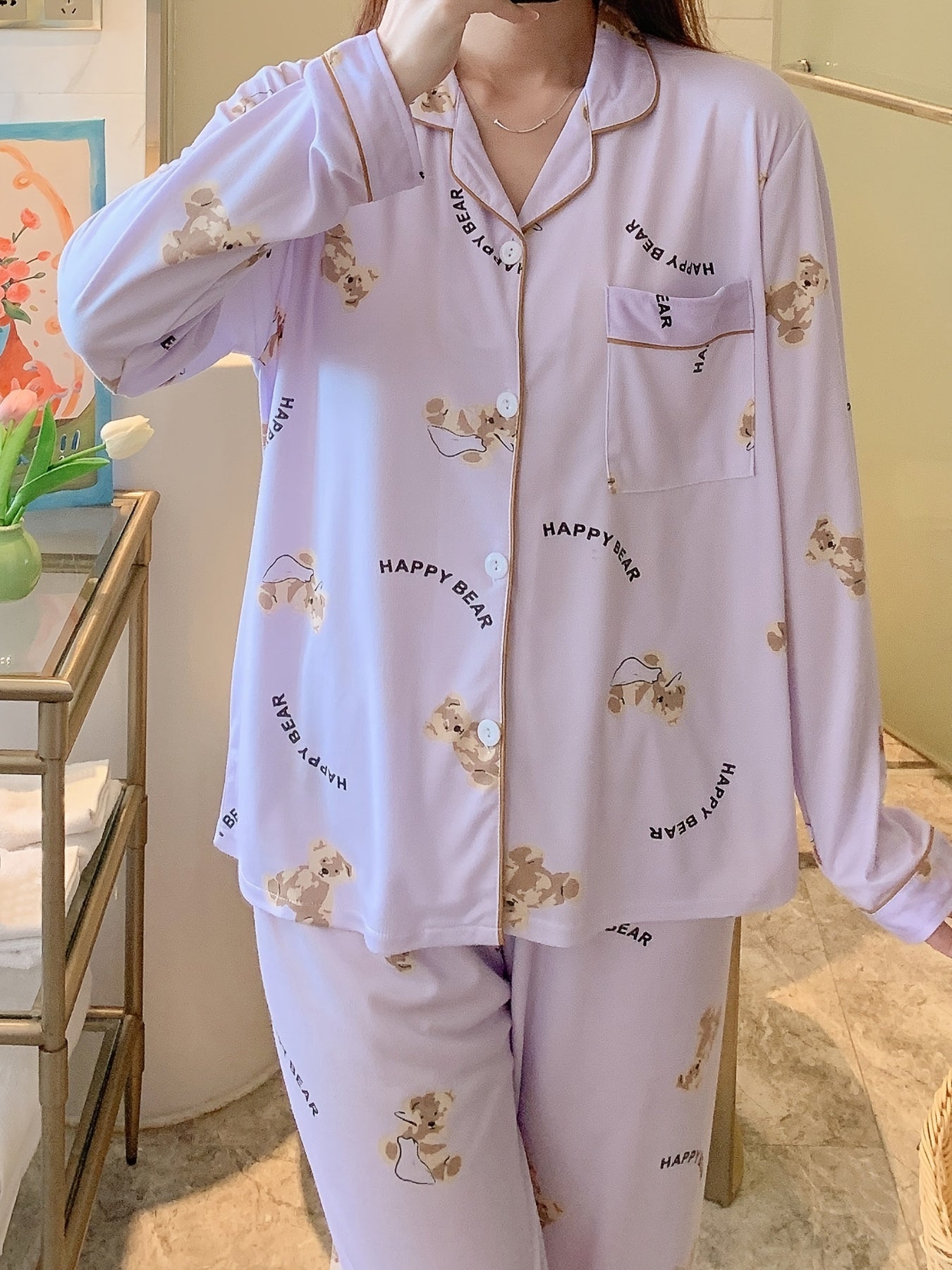 Cartoon Bear Print Pajama Set, /MH