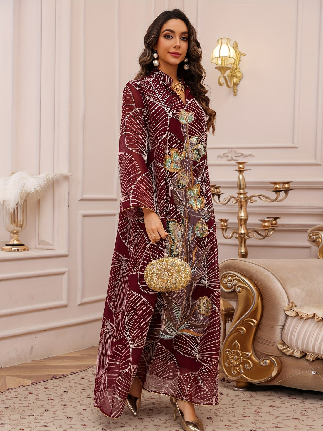 Elegant Women'S Sequin Mesh Kaftan Dress - Long Sleeve,/MH