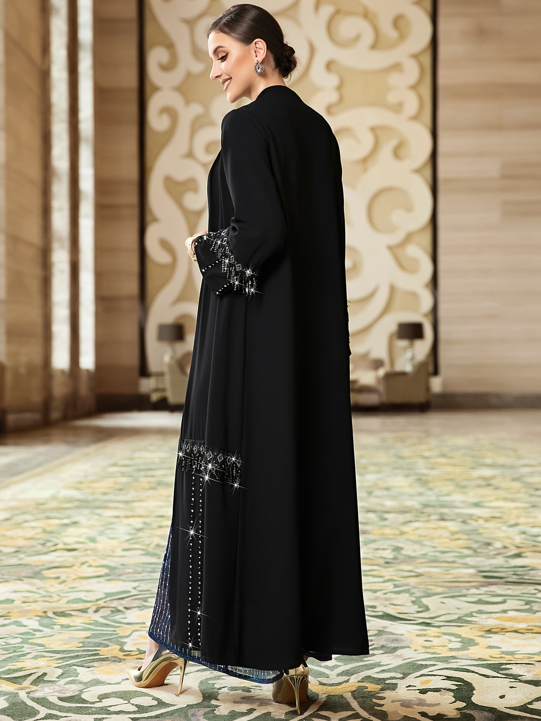 Open Front Rhinestone Decor Kaftan Dress, Elegant Long Sleeve '/MH