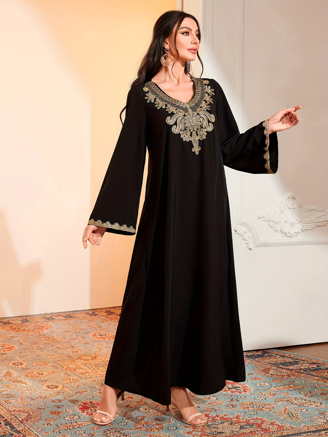 Ramadan Contrast Trim V Neck Kaftan Abayas, /MH