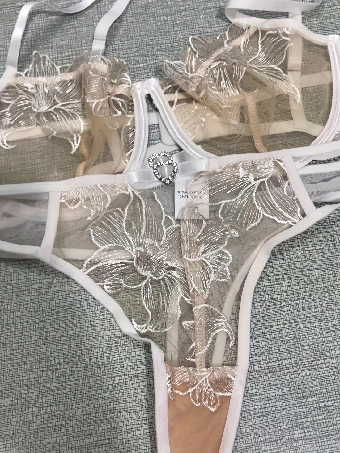 Sexy Floral Embroidery Lace Bra & Panty, Heart Ring Decor Bra'/MH