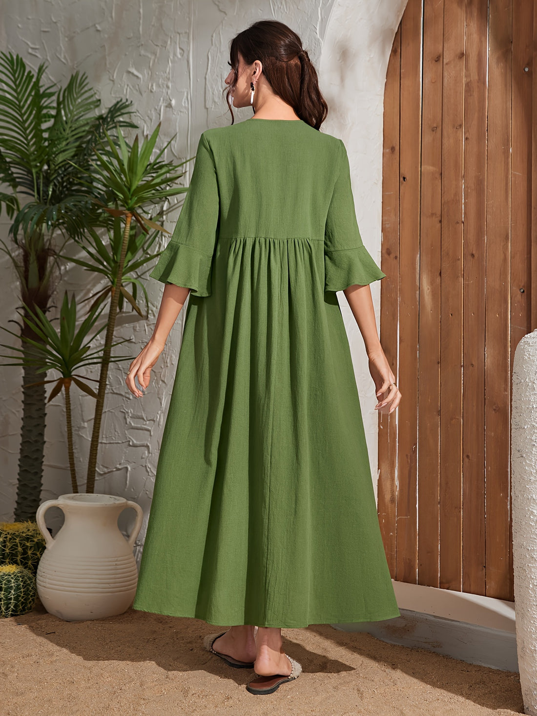 Embroidered V Neck Kaftan Dress, Elegant Half Sleeve .MH