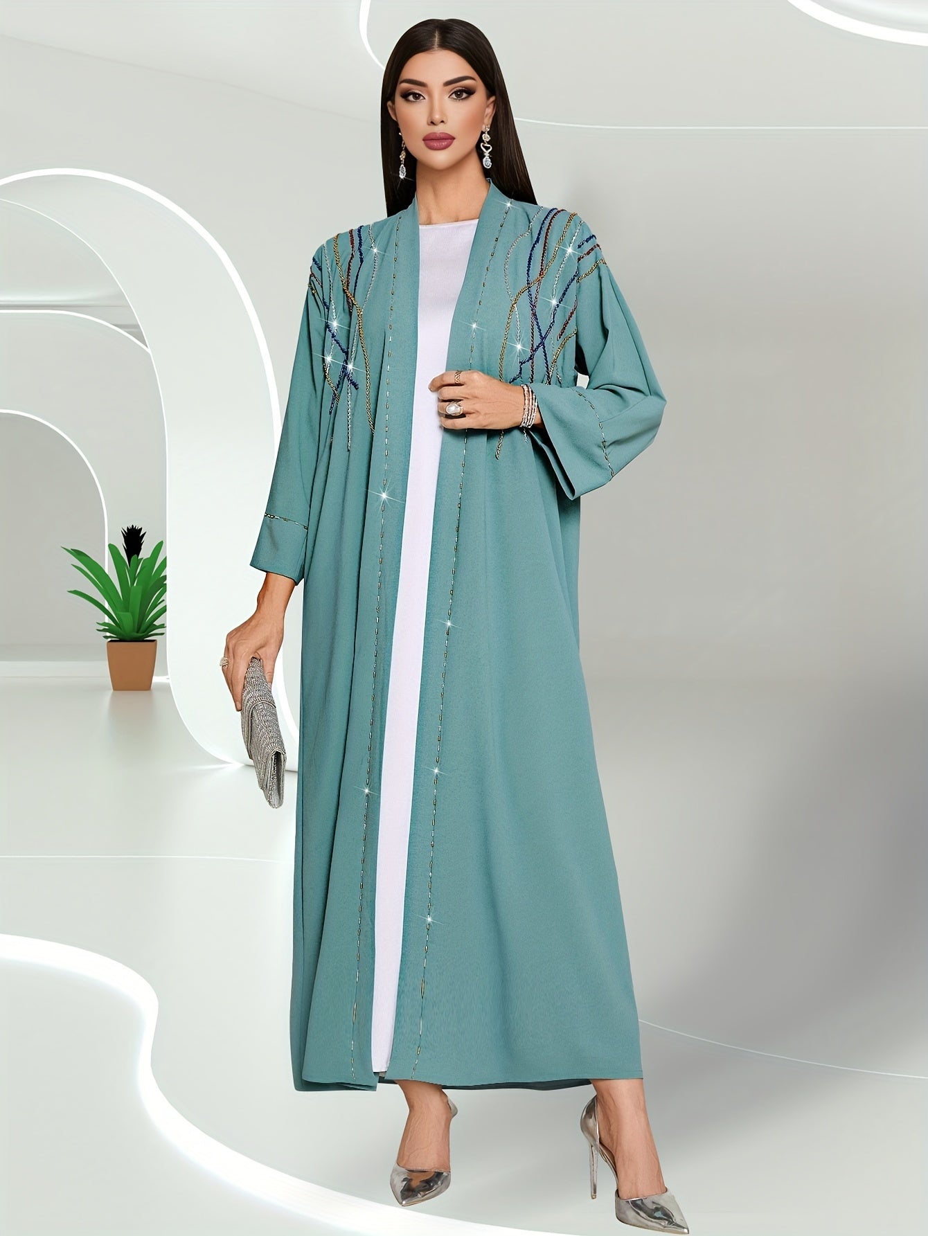 Rhinestone Open Front Kaftan, Elegant 3/4 Sleeve Outerwear'/MH