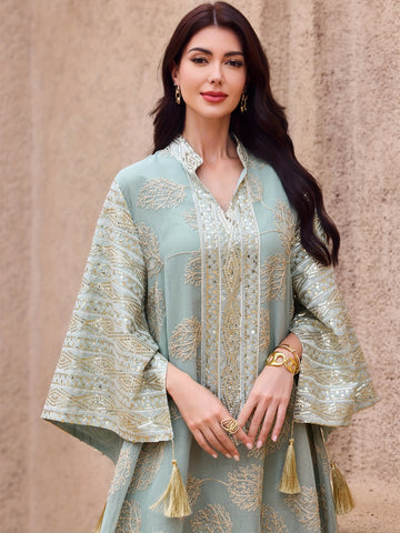 Elegant Light Blue Embroidered Kaftan Dress - V-Neck, Bell Sleeves,/MH