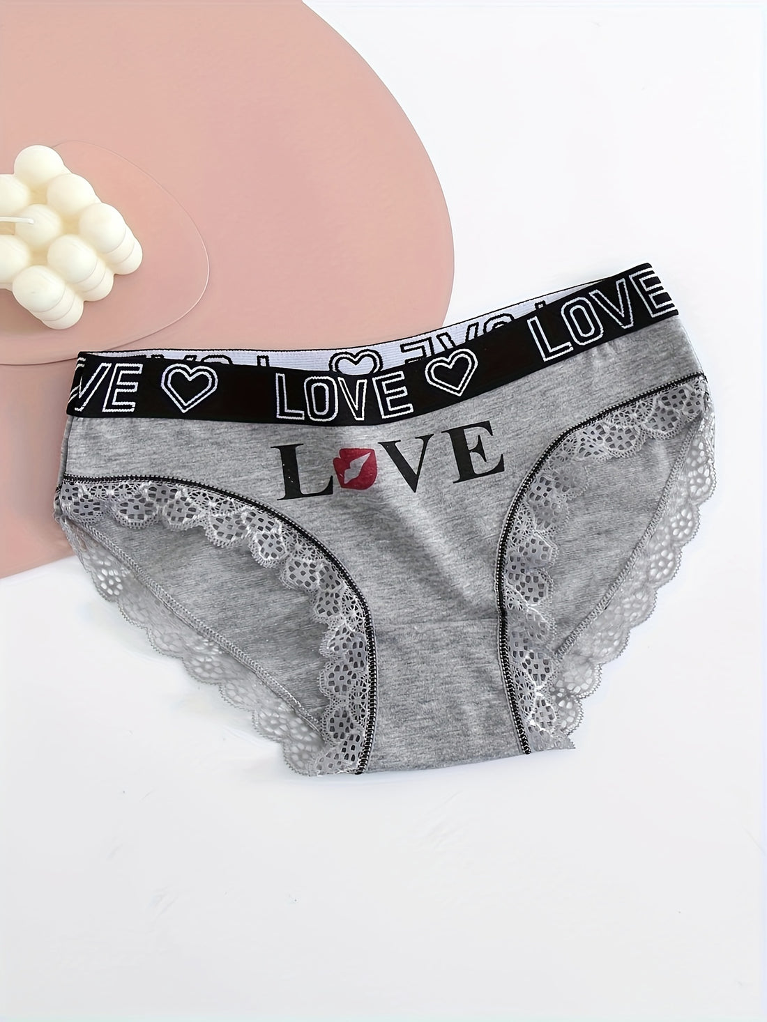 5pcs Contrast Lace Letter Print Briefs, Comfy & Breathable Scallop Trim Panties, /MH