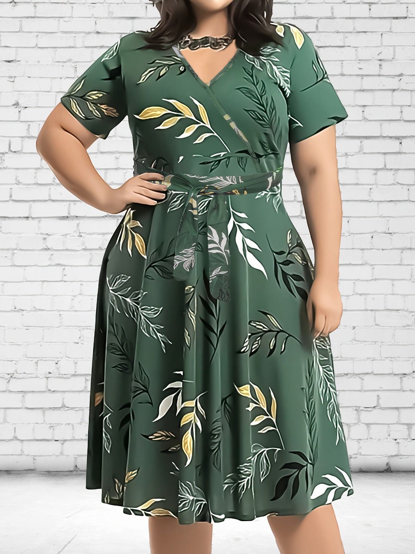[Plus Size Elegant Dress] Plus Size Elegant Green Leaf Print Midi Dress | Short Sleeve, V-Neck, Waistband, Stretchy Fabric | Casual to Semi-Formal Wear for Spring and Summer