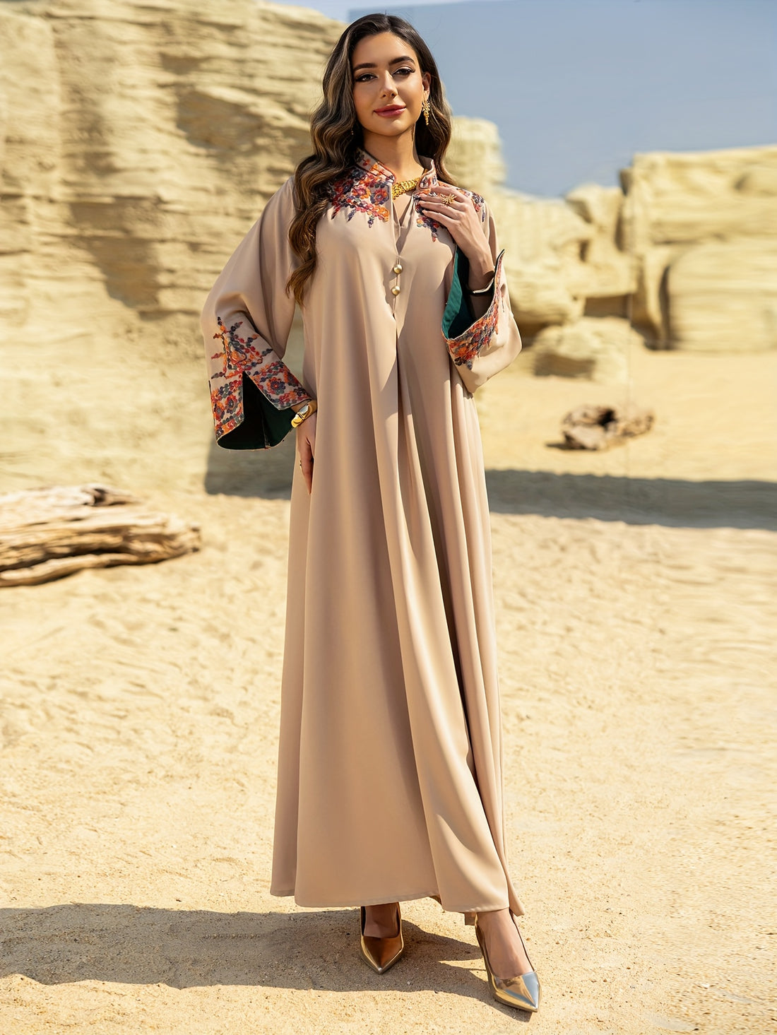 Elegant Jalabiya Dress for Muslim Women - Beige with Intricate Embroidery, Long Sleeve, Casual Style, All-Season Wear, Embroidered Dress | Elegant Jalabiya | Embroidered Dress