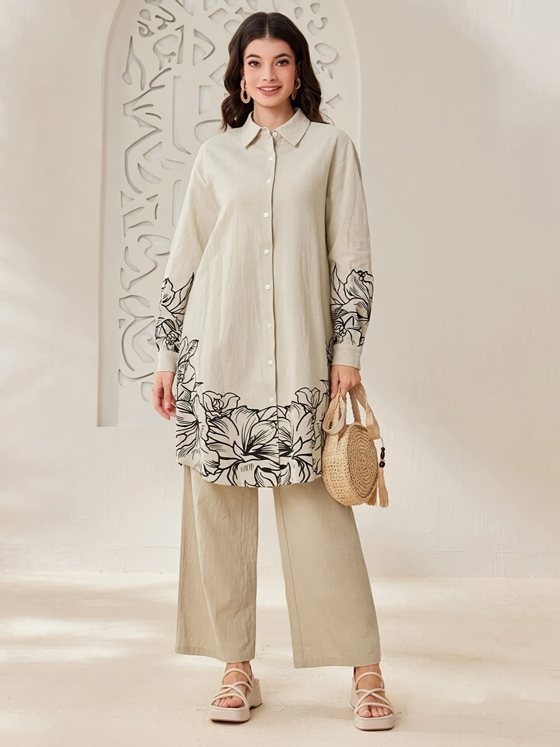 YT309 Women'S Elegant and Fashionable Floral Print Long Sleeve Shirt and Pants Set for Spring, Summer, Autumn