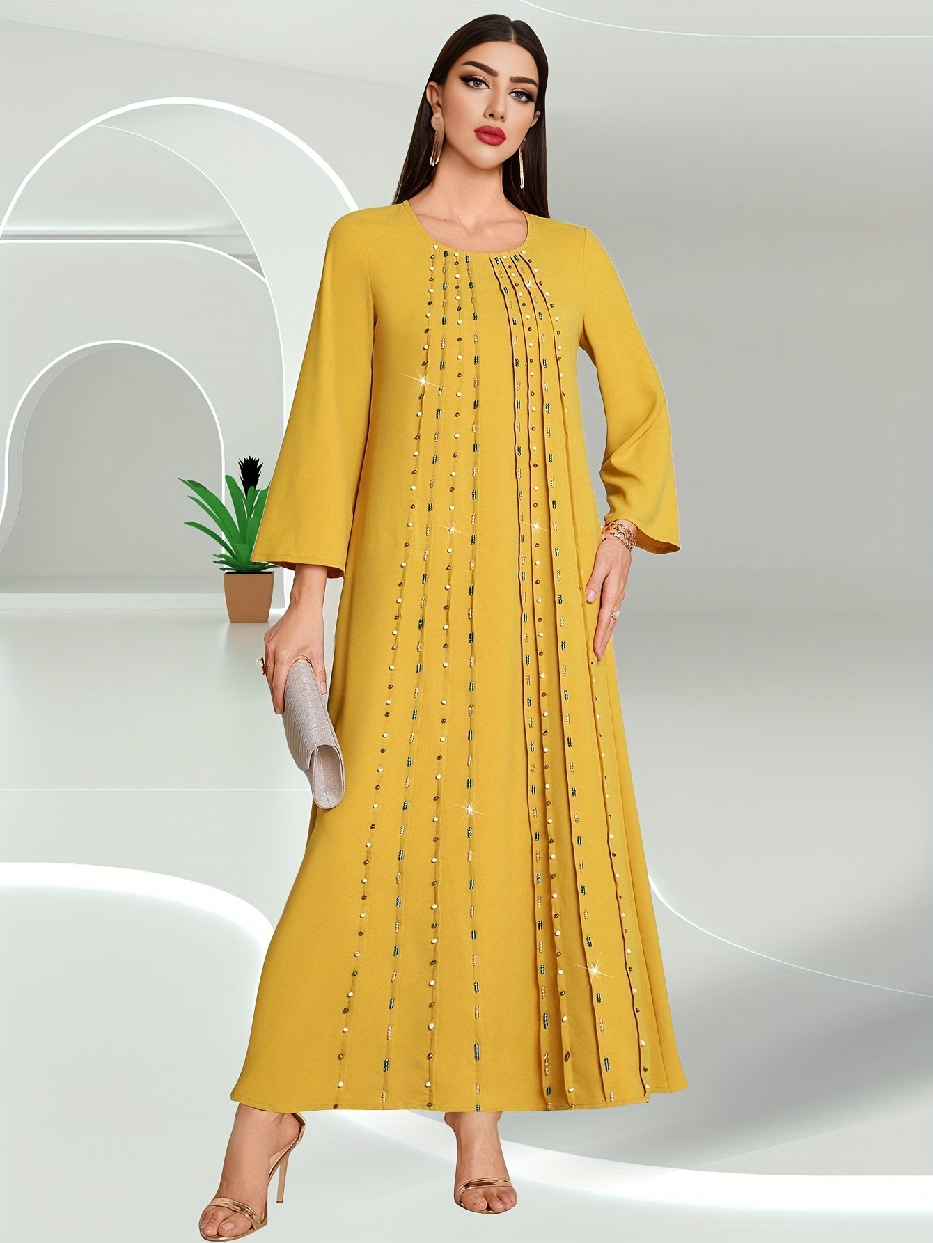 Bead Decor Crew Neck Kaftan Dress, Elegant Long Sleeve'/MH