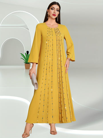 Bead Decor Crew Neck Kaftan Dress, Elegant Long Sleeve'/MH