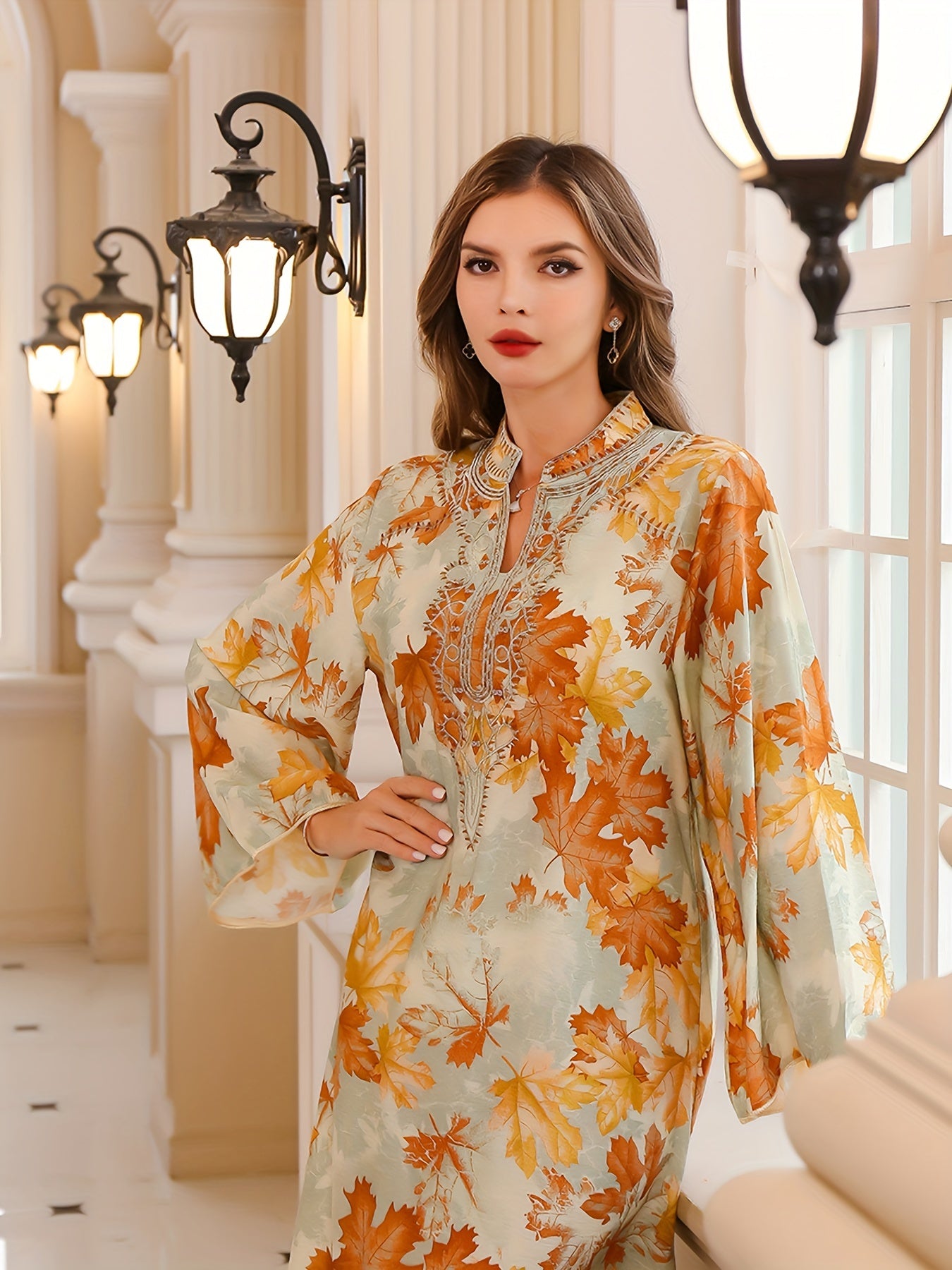 Maple Print Tie Neck Kaftan Dress, Elegant Long Sleeve 'MH