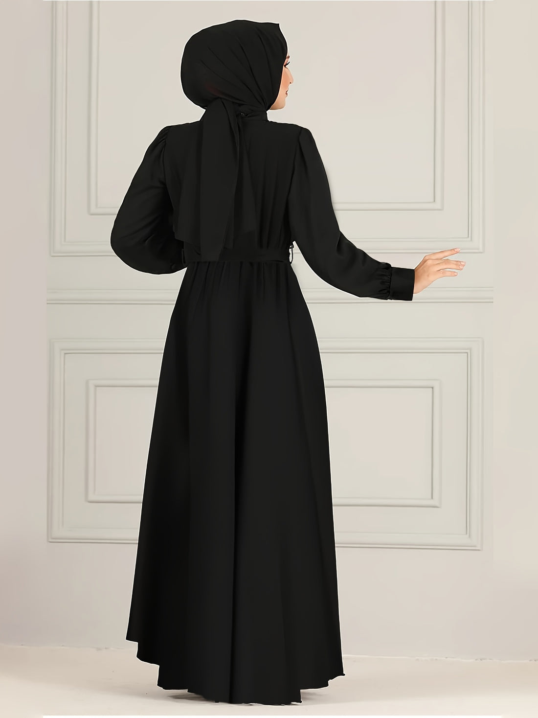 Belted Solid Kaftan, Elegant Long Sleeve A-line Dress, Women's Clothing'/MH
