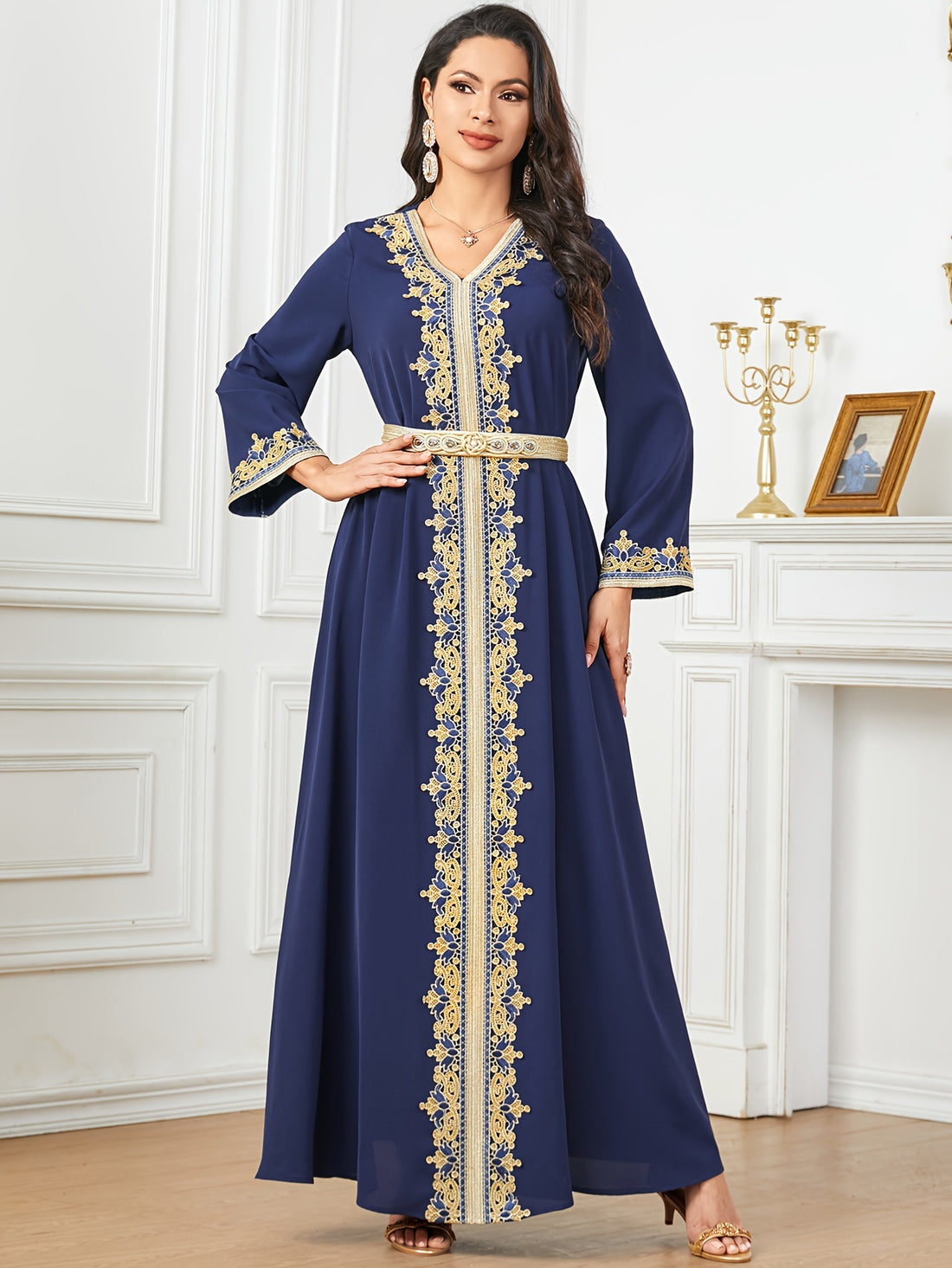 Contrast Lace V-neck Kaftan Dress, Elegant Long Sleeve'/MH