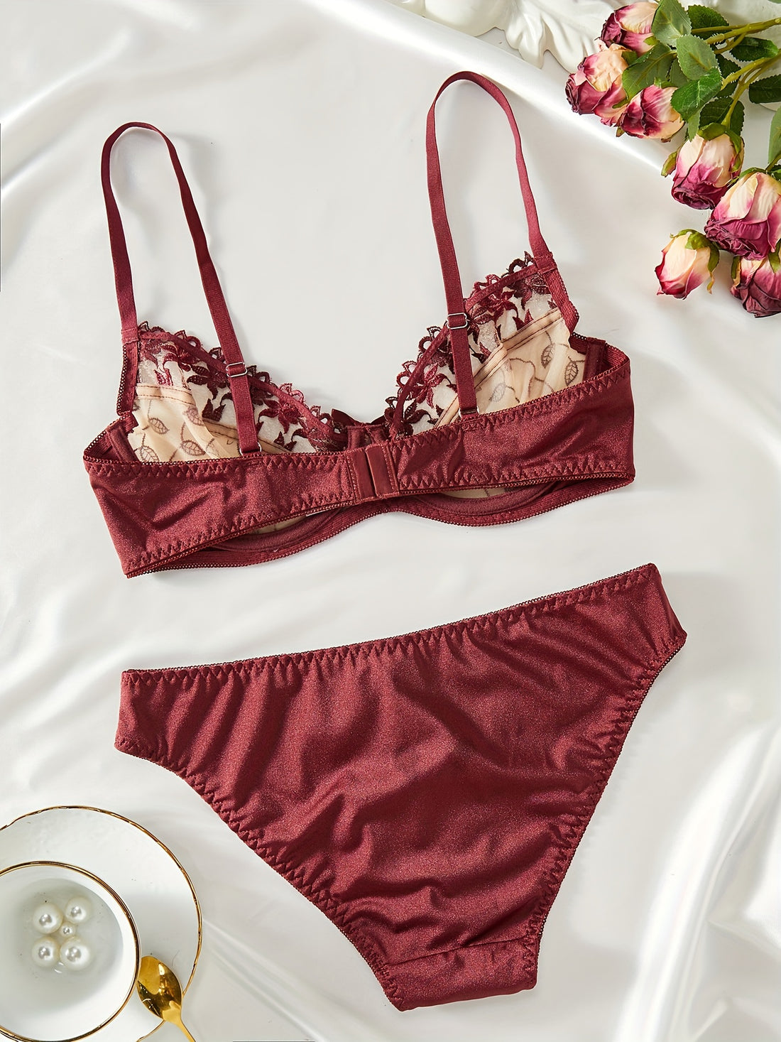 Contrast Lace Bow Bra & Panty, Bra & Panties Lingerie Set,/MH