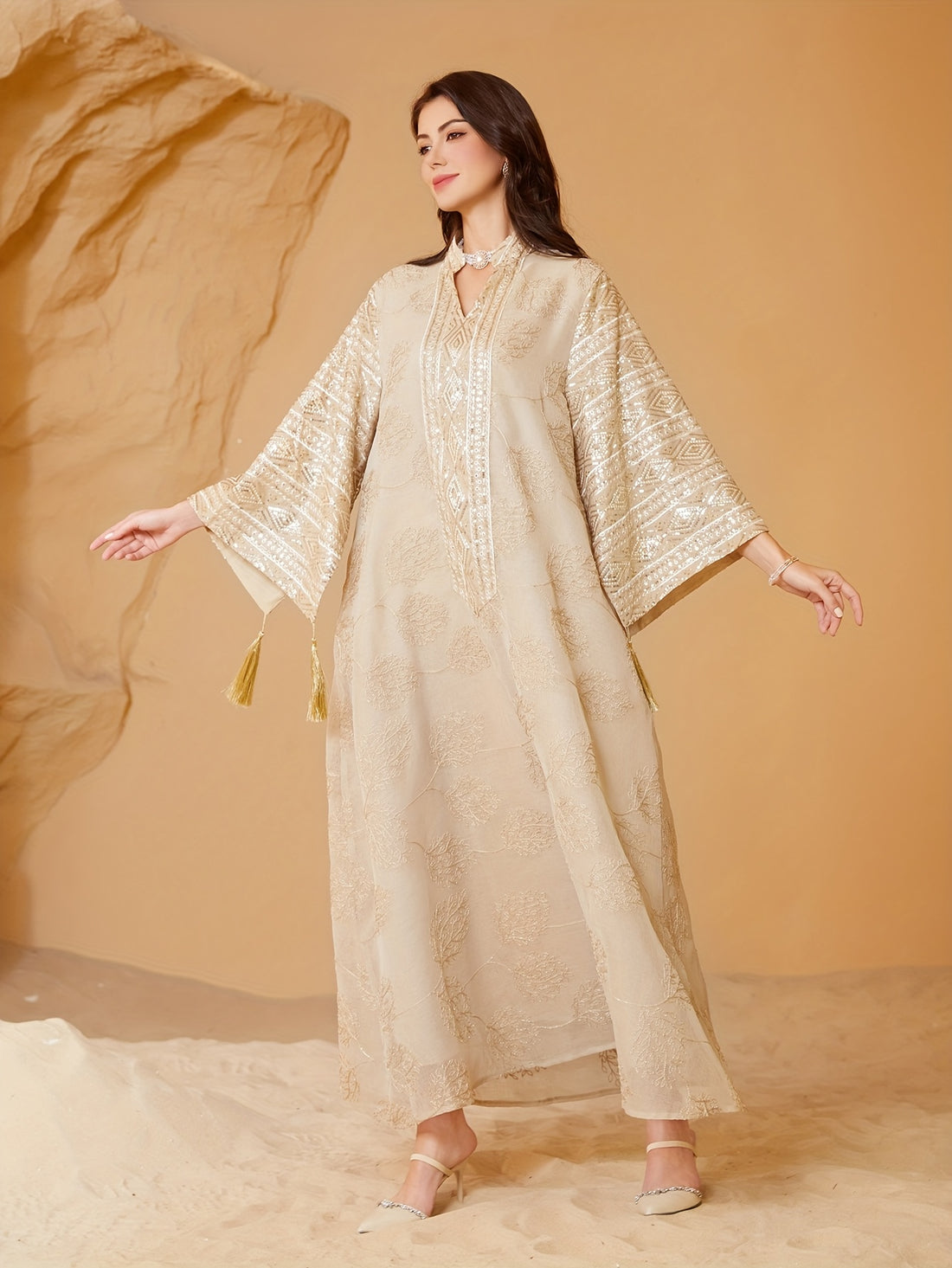 Women's Middle Eastern Jalabiya Abaya Dress - V-Neck Long Sleeve with Lace Embroidery & Beaded Details, Breathable Lightweight Fabric for Eid al-Adha, Ramadan, Turkish Festival Parties - Spring/Summer Evening Gown, Muslim Dre