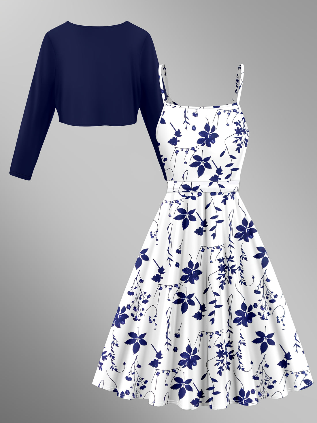 Women's elegant skirt suit, solid color long-sleeved cardigan with floral print suspender dress 2pcs set