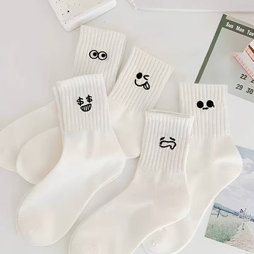 5 Pairs Cute Expression Pattern Socks, Comfy & Breathable Mid Tube Socks, Women's Stockings & Hosiery