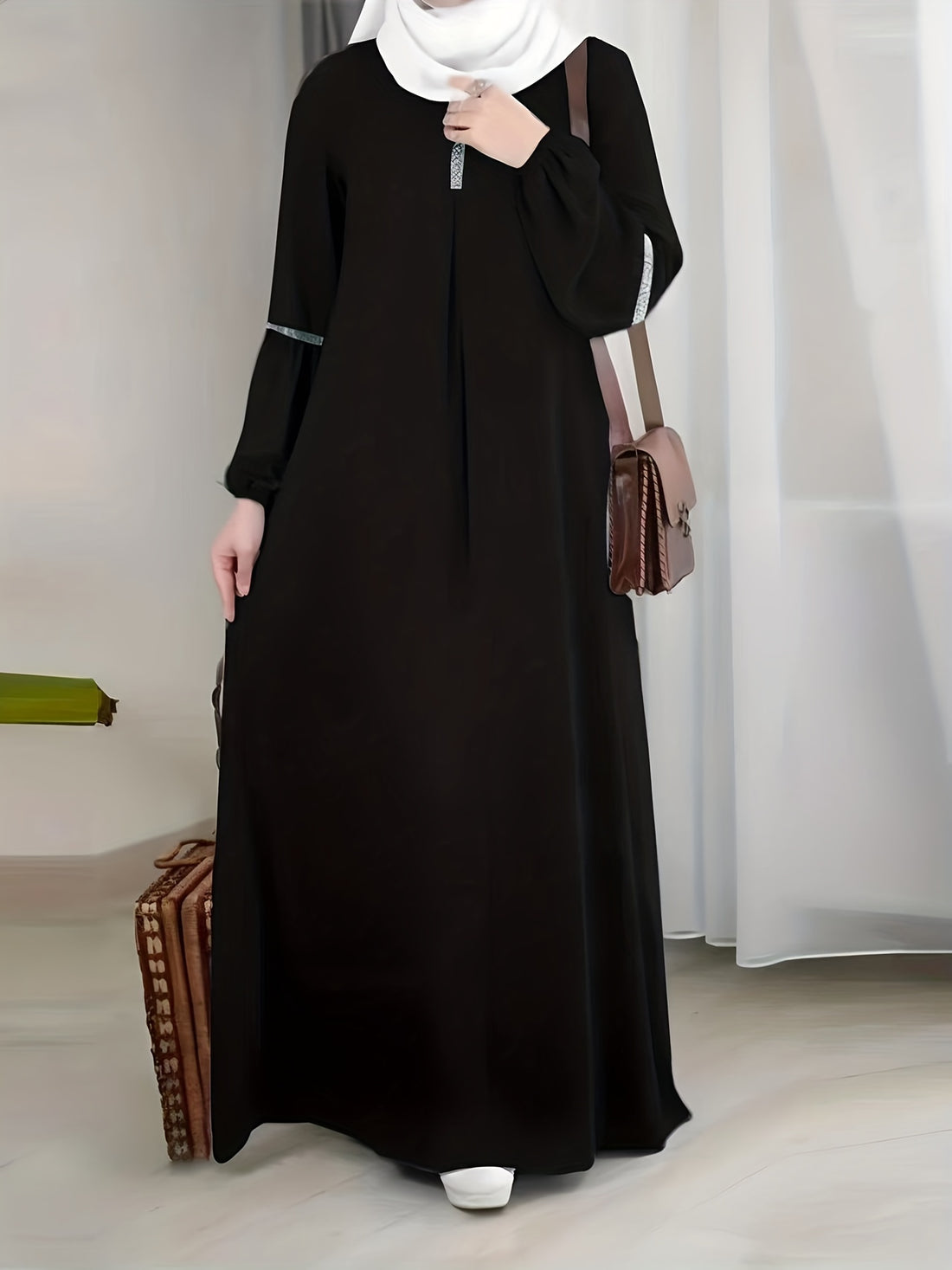 Crew Neck Lantern Sleeve Kaftan Dress, /MH