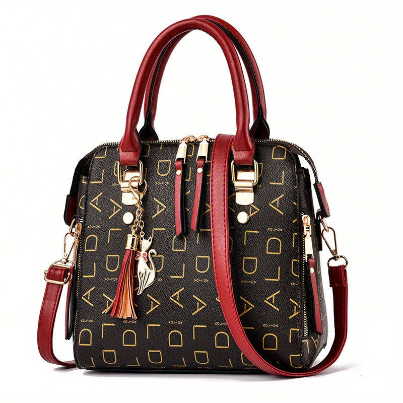 Letter Print Handbag, Tassel Decor Square Crossbody Bag, Women's Small Top Handle Purse
