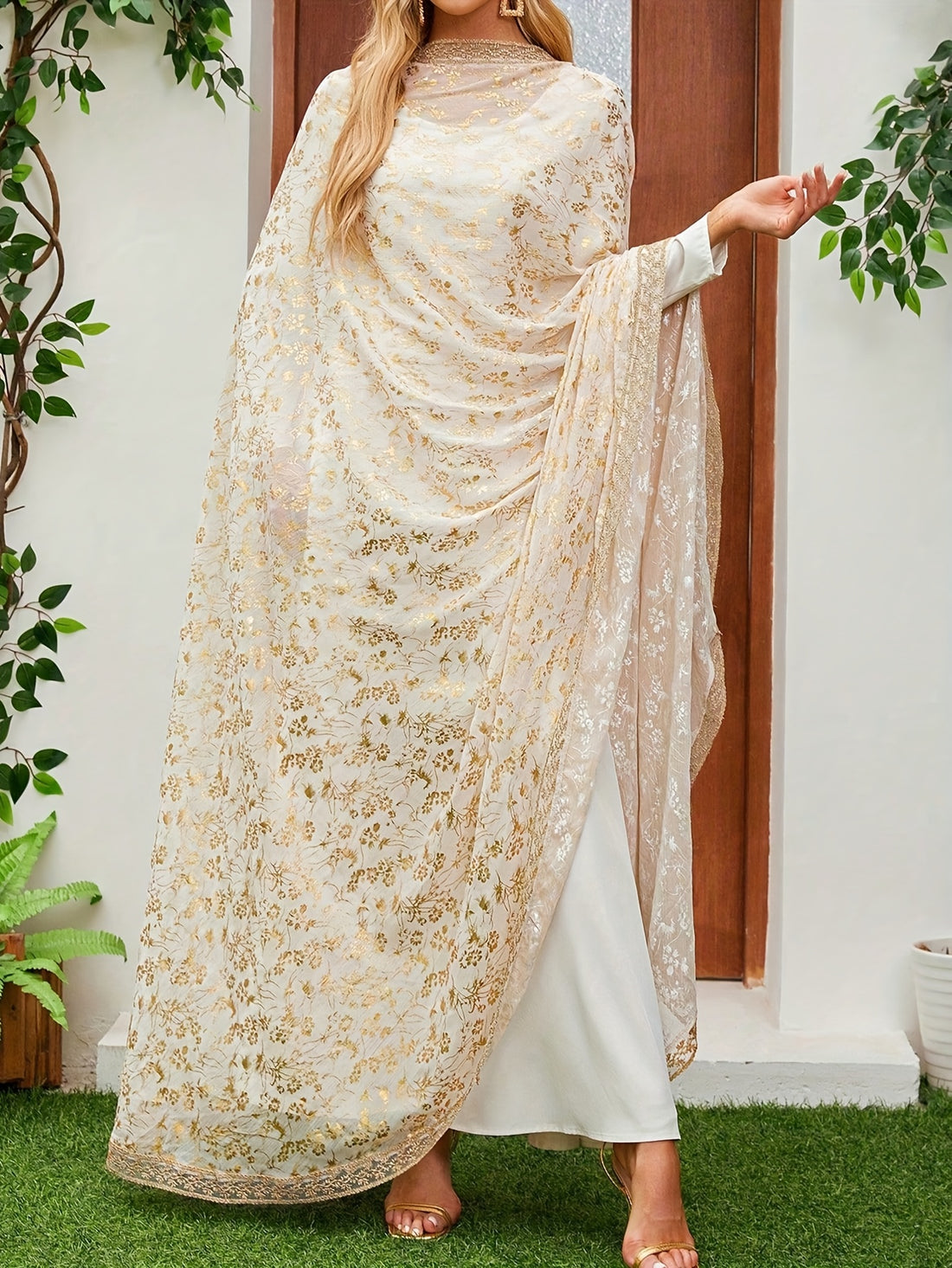 Women'S Floral Pattern Two-Piece Set with Shawl, Elegant Long Sleeve Abaya Dress - All-Season Regular Fit, No Belt, Traditional Middle Eastern Attire, Elegant Attire|Floral Pattern|Lace Detailing, Abaya Dress