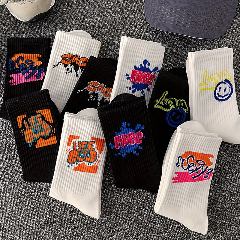 10 Pairs Graffiti Print Socks, Street Style Soft Unisex Mid Tube Socks For Fall & Winter, Women's Stockings & Hosiery