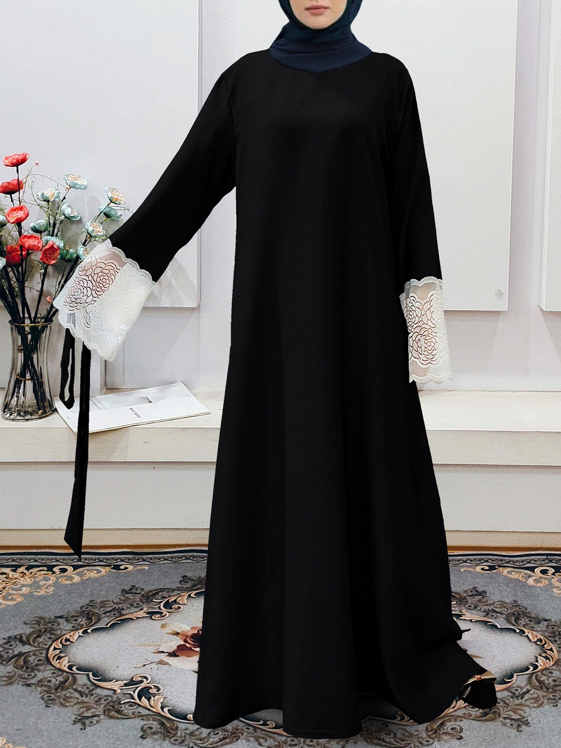 Contrast Lace Crew Neck Kaftan Abaya, /MH