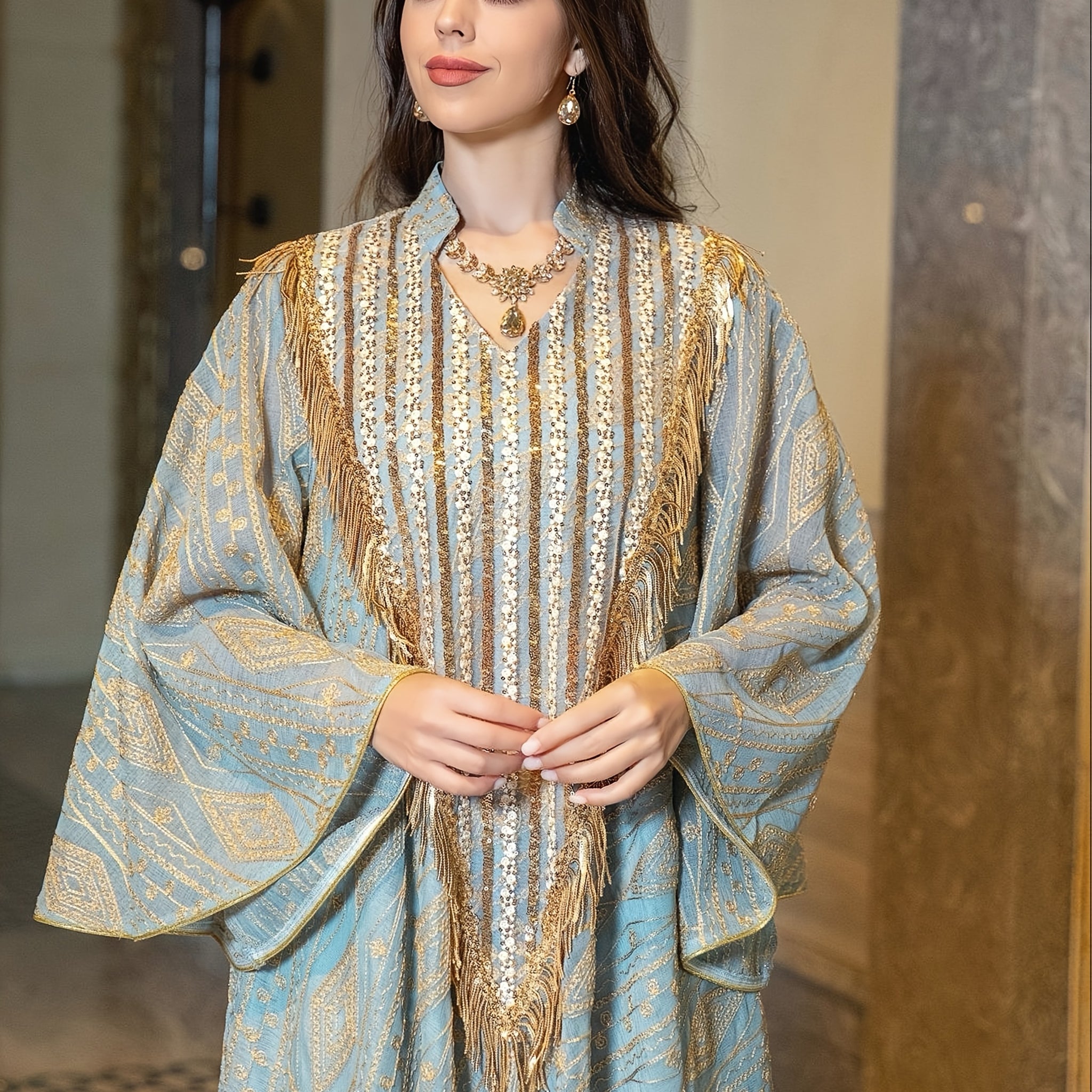 1pc Muslim Evening Dress, Arabic Dubai Queue Robe with Mesh Embroidery and Sequins Kaftan for Women