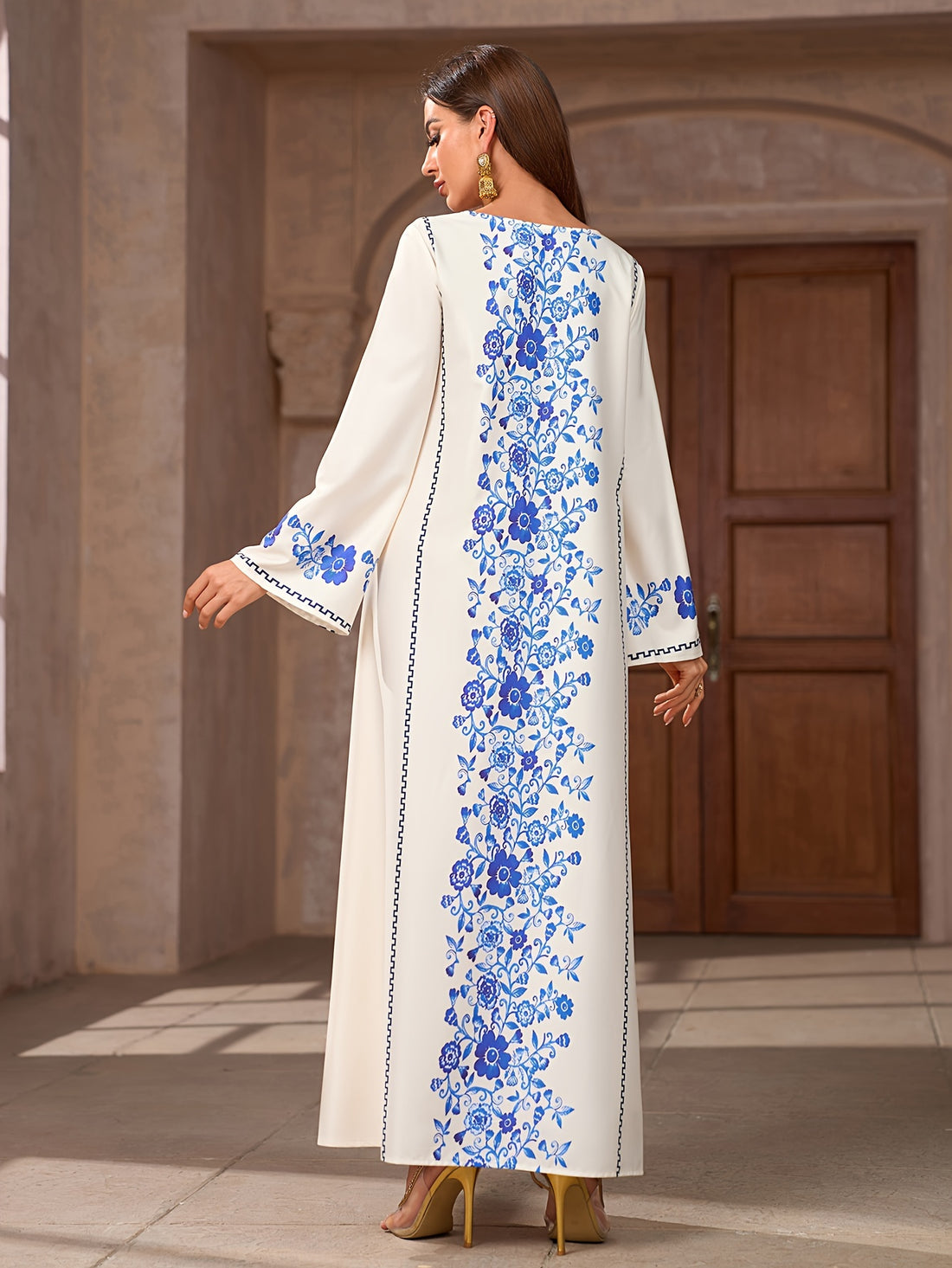 Floral Print Crew Neck Kaftan Dress, Elegant Long Sleeve 'MH