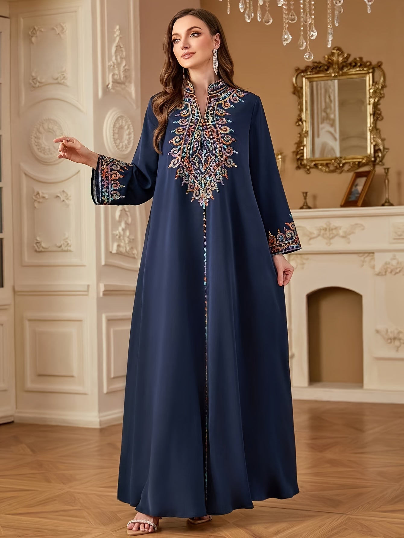 Elegant Light Blue Abaya with Intricate Floral Patterns - Long Sleeve, V-Neck, /MH