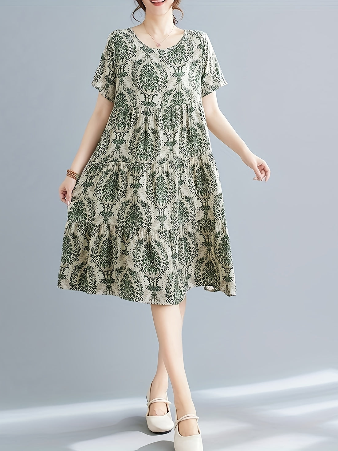 Paisley Print Crew Neck Dress, Casual Short Sleeve Loose Fit Dress./MH