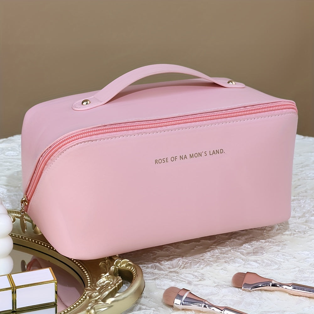 Travel Large Capacity Cosmetic Bag For Women, Portable Makeup Bag Pouch Open Flat Toiletry Bag, Make Up Organizer With Divider And Handle