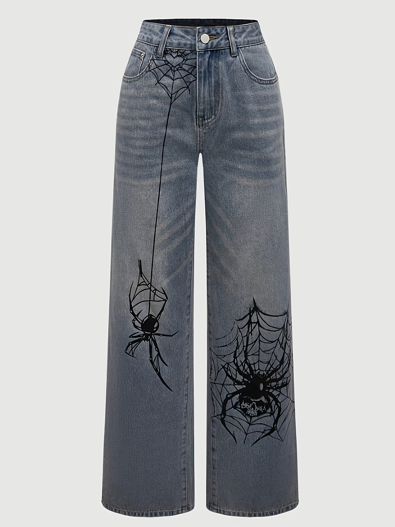 AW25 Women'S Streetwear Spider Print Wide-Leg Jeans - Black Denim with White Spider Web Design, Flake Detail, All-Season Casual Pants for Casual Attire, Ladies Jeans