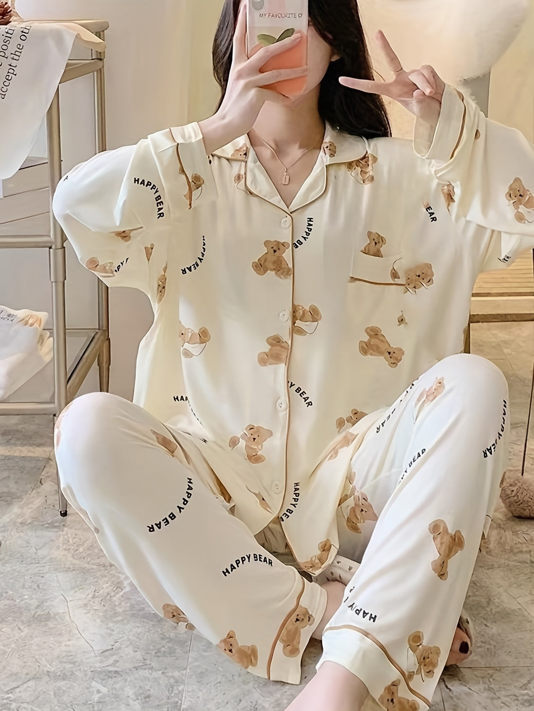 Cartoon Bear Print Pajama Set, /MH