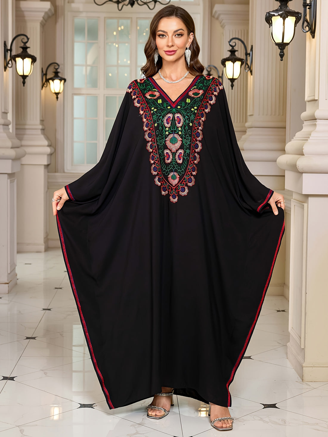 EDOLYNSA Women's Maxi Kaftan - Long Sleeve Formal & Casual Middle Eastern Robe with V-Neck, Non-Stretchy Elegant Draped Dress for Weddings, Cultural Events - Plus Size Friendly (Q1870), Wedding Guest Attire, Intricate Embroid