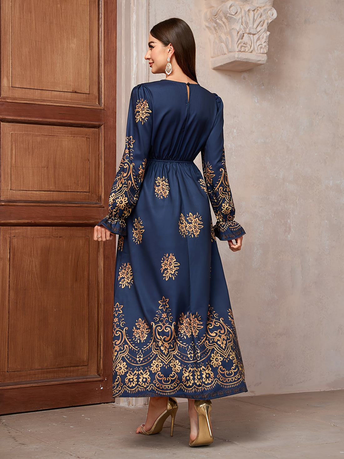 Floral Print Crew Neck Kaftan Dress, Elegant Long Sleeve 'MH