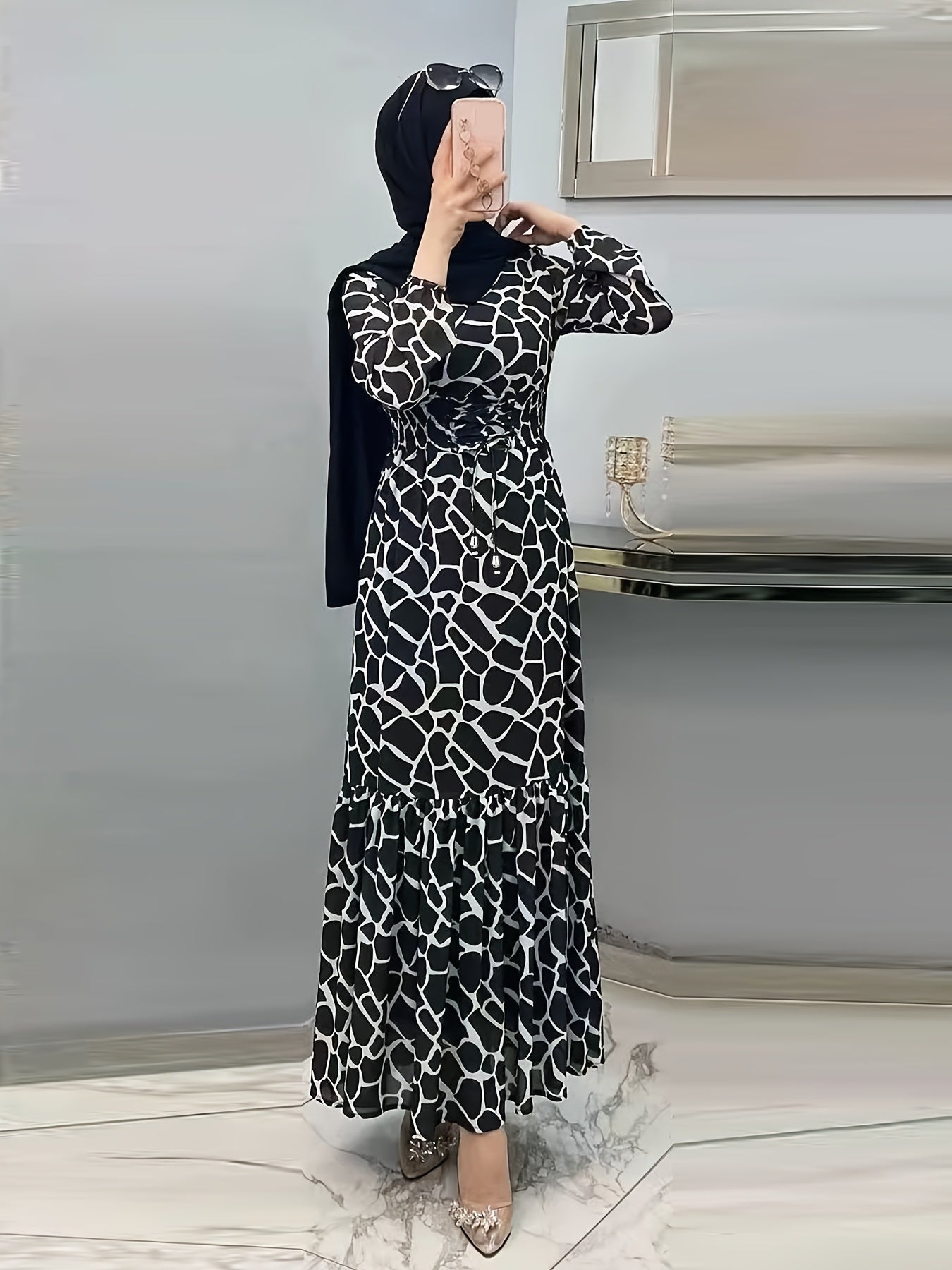 Allover Print Maxi Kaftan Dress, Casual Long Sleeve '/MH