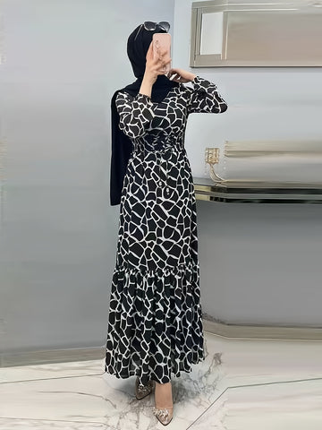 Allover Print Maxi Kaftan Dress, Casual Long Sleeve '/MH