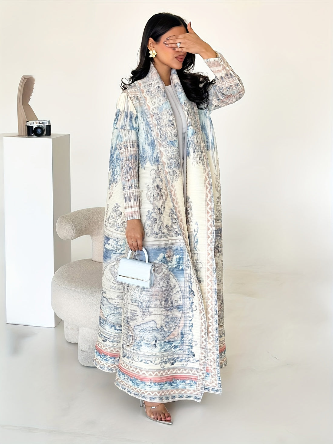 Women'S Elegant Long Sleeve Abaya - Polyester, Pleated, Loose Fit, with Belt, Perfect for All Seasons, Middle Eastern Arabic Dubai Style, Casual Wear, Casual Wear|Pleated Abaya|Polyester Abay