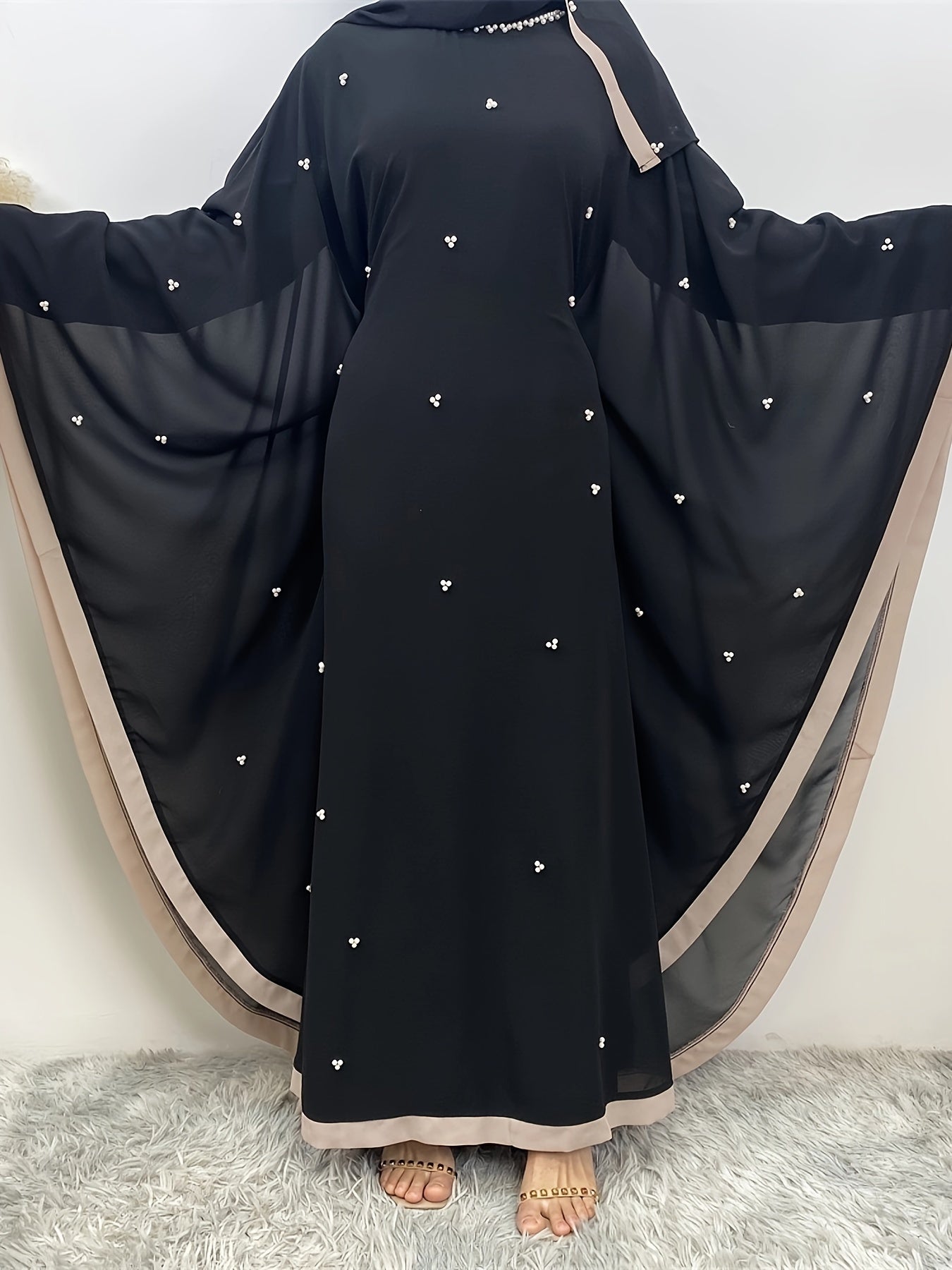Beaded Contrast Trim Modest Dress, Elegant Batwing Sleeve Loose Maxi '/MH