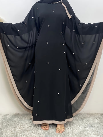 Beaded Contrast Trim Modest Dress, Elegant Batwing Sleeve Loose Maxi '/MH